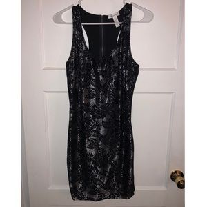Black floral lace silver metallic zipper dress